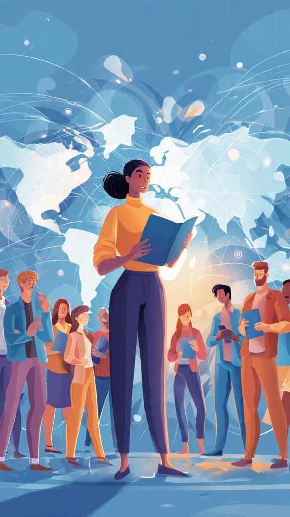 Build a Career 
in Remote-First Companies Onlycreate image Animated illustration of a confident professional holding a book titled “My Global Career” in front of a world map connected by digital communication lines. Diverse people from different countries appear around the map, representing global remote teams and international collaboration. The scene conveys the concept of building a successful career in remote-first companies with worldwide opportunities, flexibility, and cross-cultural teamwork.