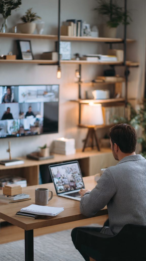 Skills Remote-First Companies Expect
A realistic home office scene showing a man working on a laptop while participating in a video conference on an external monitor. The workspace is modern and well-organized, with soft natural lighting, a desk setup including a coffee mug and notebooks, and a background with shelves and a lamp creating a focused remote-work environment.