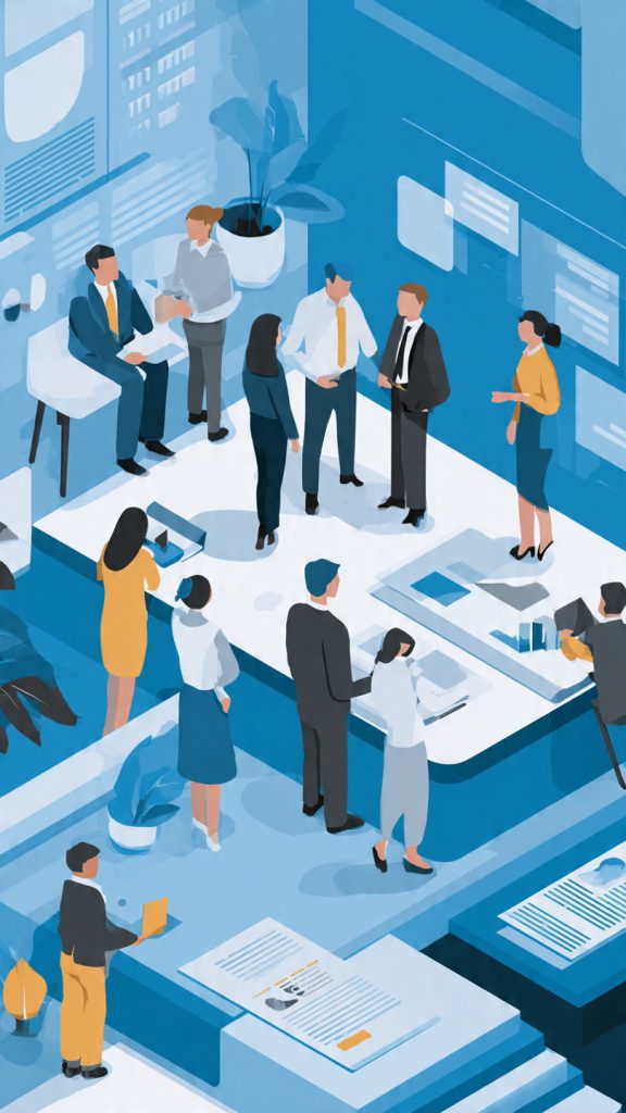 Specialist Recruiter
A professional recruitment-themed illustration showing a specialist recruiter building expertise in a specific industry. The scene features recruiters networking with professionals, reviewing candidate profiles, and analyzing industry-specific talent data. Business professionals are engaged in conversations, symbolizing relationship-building and niche recruitment. The design uses a modern corporate style with blue and neutral tones, representing specialization, expertise, and career-focused talent acquisition. No text, tips, or written content appear in the image.