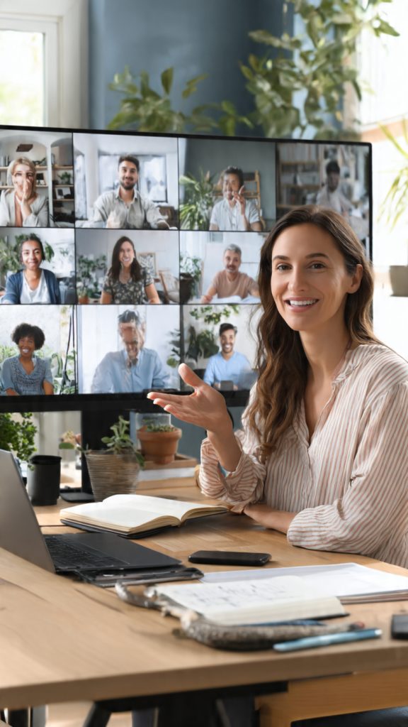 Individual Contributor to Leader in Remote Teams
A professional woman sits at a desk in a home office, participating in a video conference with a remote team displayed on a large monitor. She gestures while speaking, suggesting leadership and collaboration. A laptop, notebook, and indoor plants create a productive workspace environment. The image represents career growth from an individual contributor to a leadership role in remote teams.
