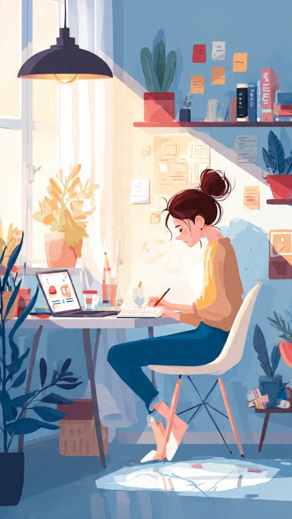 free Online Resources Into a Real Skill Plan
Animated illustration of a young woman sitting at a study desk, watching a YouTube course on her laptop while taking notes in a notebook. The cozy workspace features a desk lamp, motivational sticky notes, plants, stationery, and a cup of coffee, creating a focused and productive learning environment. The laptop screen displays an online lesson, highlighting the concept of learning new skills through online courses.